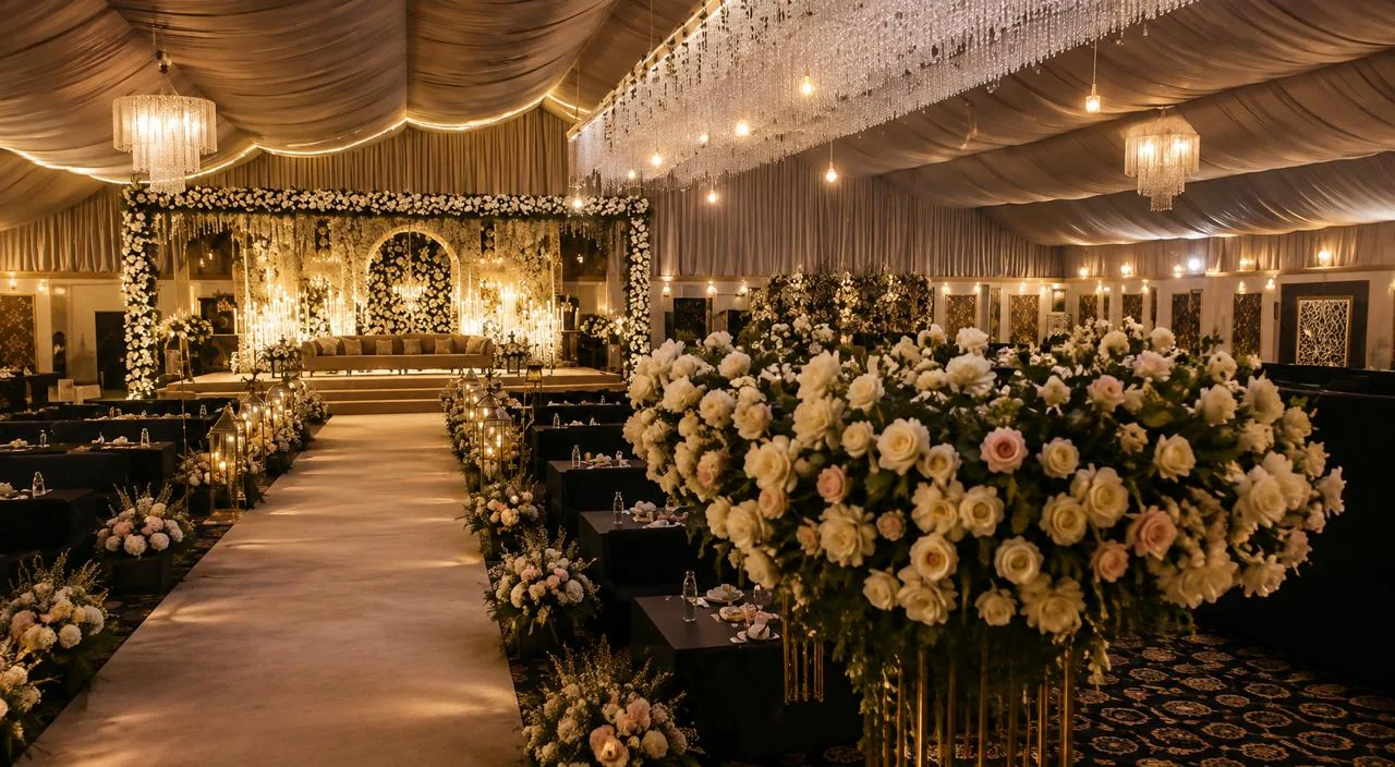 Elegant wedding hall setup at Royalston Grand